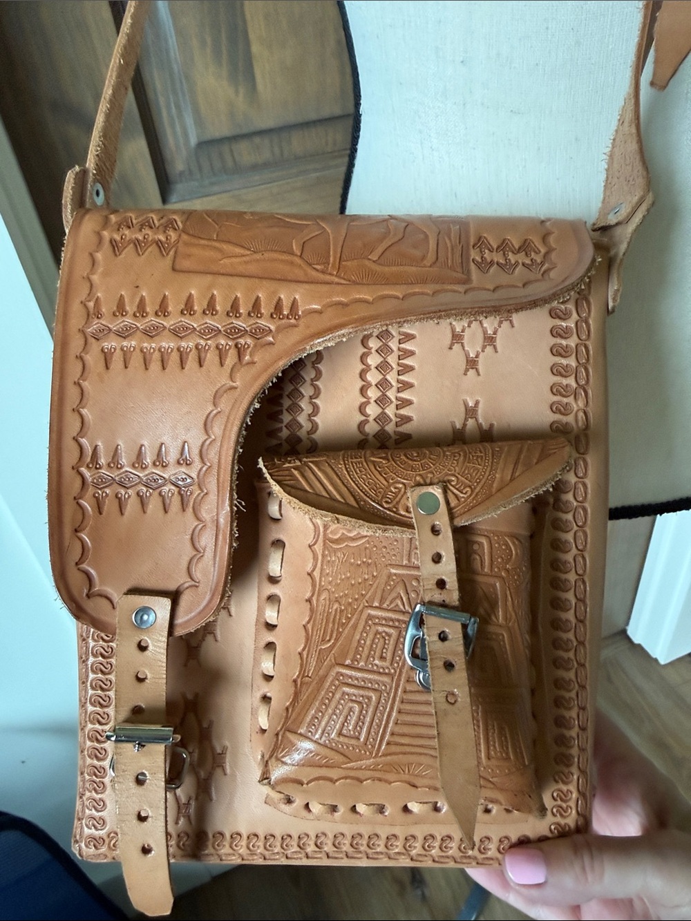 Hand-Tooled Tan Leather Crossbody Bag